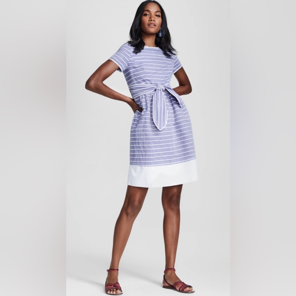 Brooks Brothers Striped Cotton Dobby Dress Size 4 Blue White Tie Waist Pockets